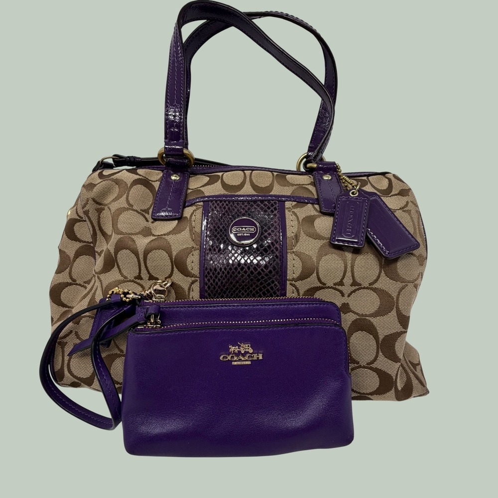 Coach Signature Satchel Purple Trim Snakeskin Stripe F24884 with Wristlet Set